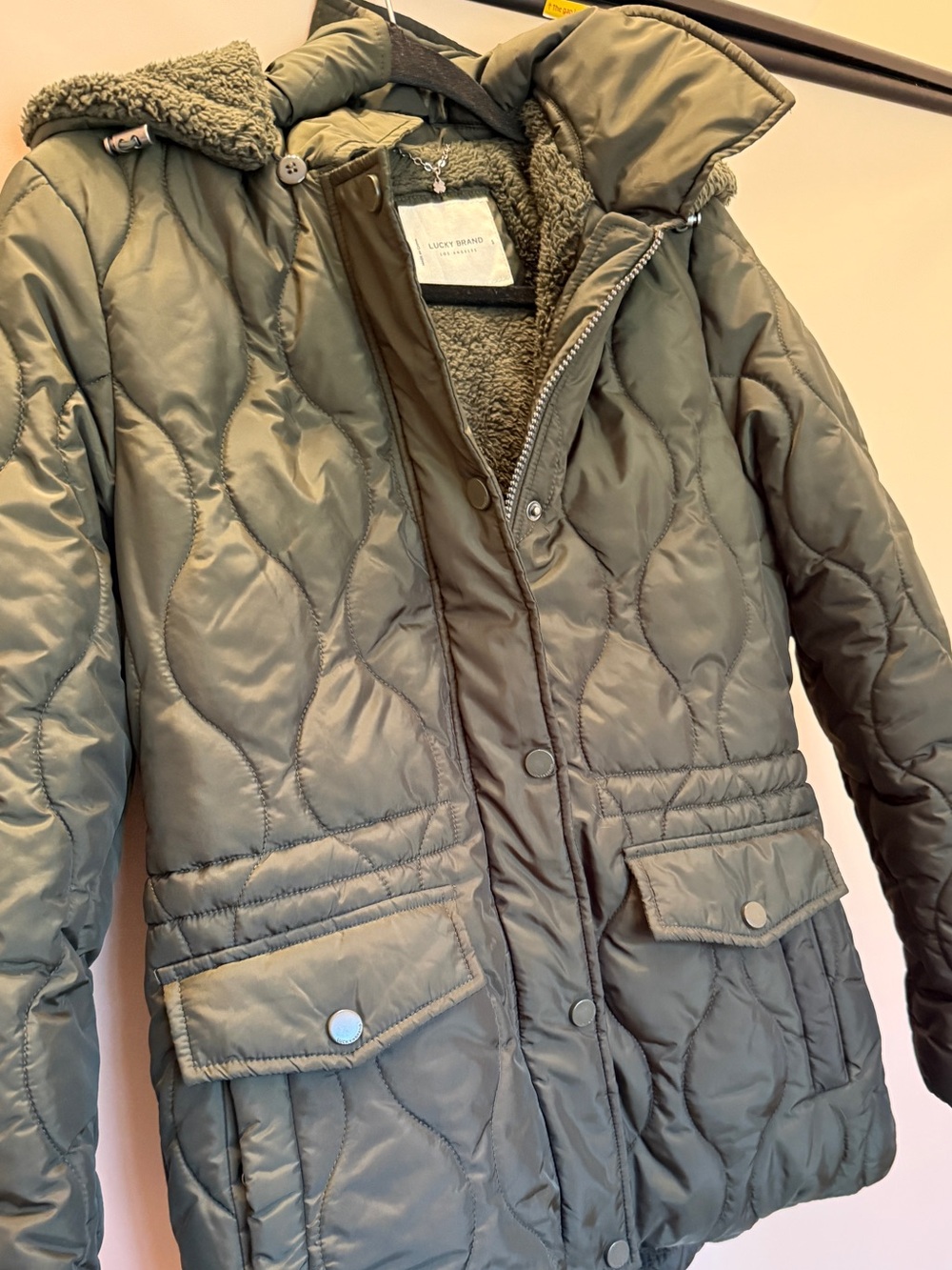 Lucky Brand Olive Quilted Hooded Puffer Coat